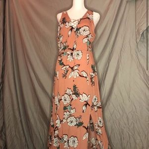 MEDIUM Pink Floral Maxi Dress with Low-V & Slit!